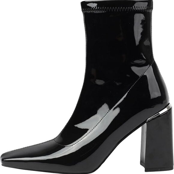 Womens Square Toe Ankle Booties Chunky Heel Boots Side Zipper Patent Leather - Picture 4 of 5